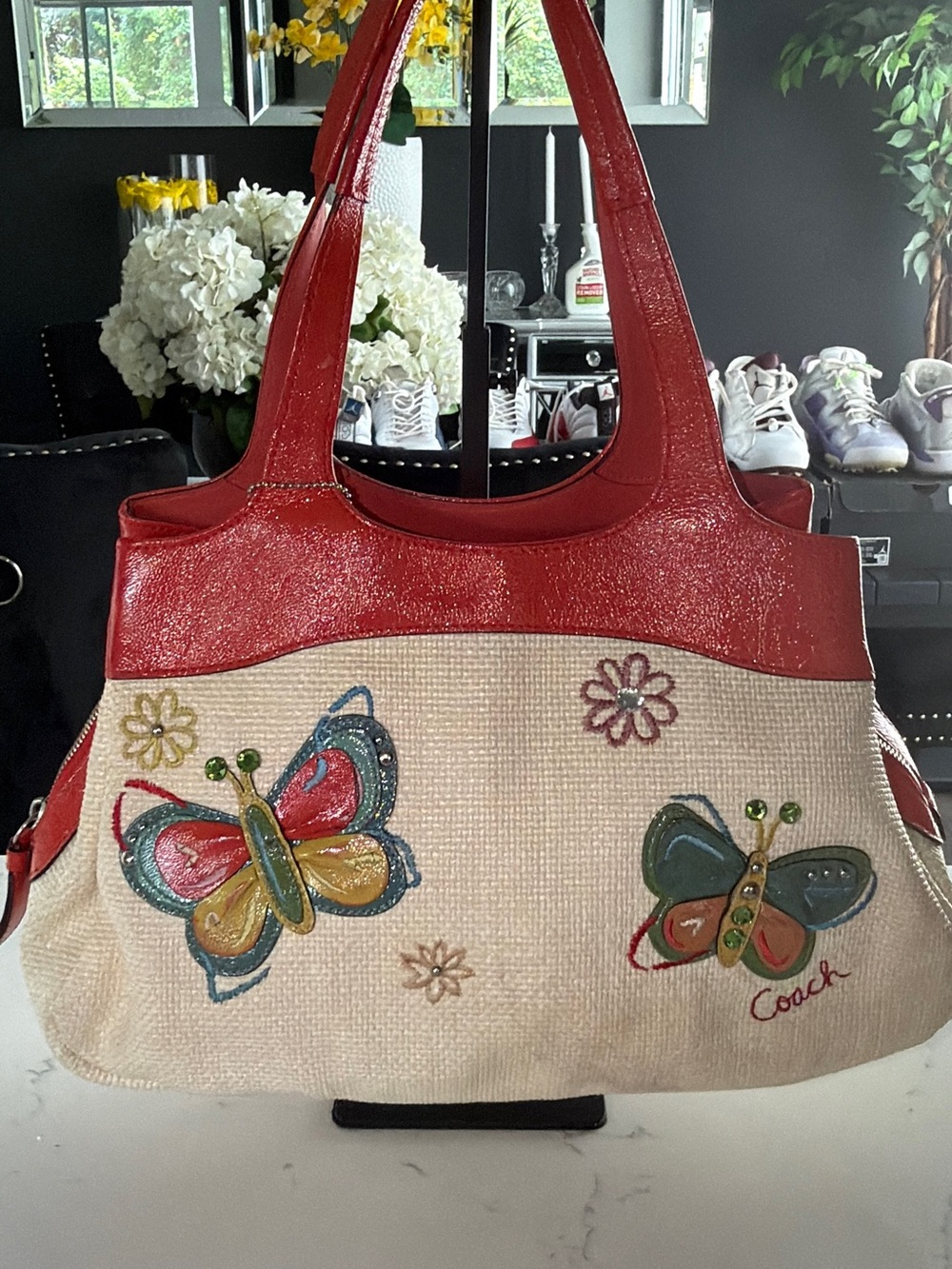 Coach Cream Canvas Shoulder Bag with Red Trim and Colorful Butterfly Appliqués